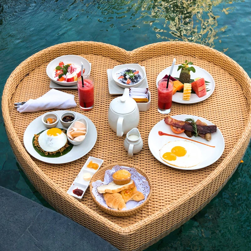 Heart Round Restaurant Hotel Custom Brunch Breakfast Food Drinks Serving Trays Swimming Pool Rattan Tray Floating Tray For Pool