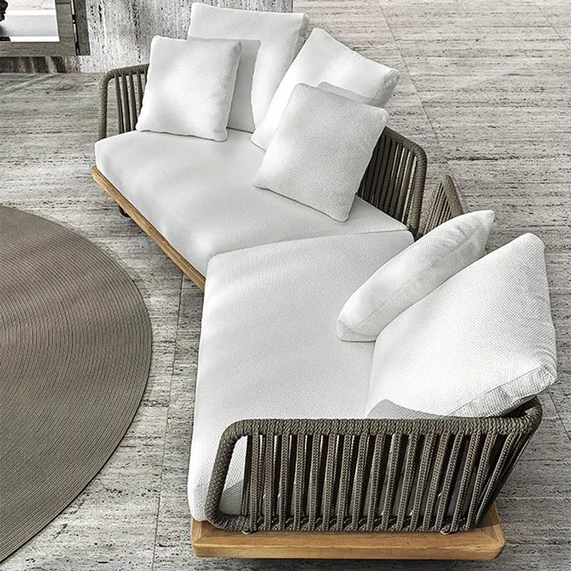 waterproof woven rope aluminum and teak wood garden outdoor sofa