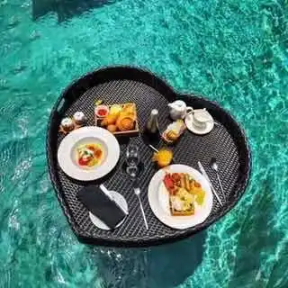 Heart Round Restaurant Hotel Custom Brunch Breakfast Food Drinks Serving Trays Swimming Pool Rattan Tray Floating Tray For Pool