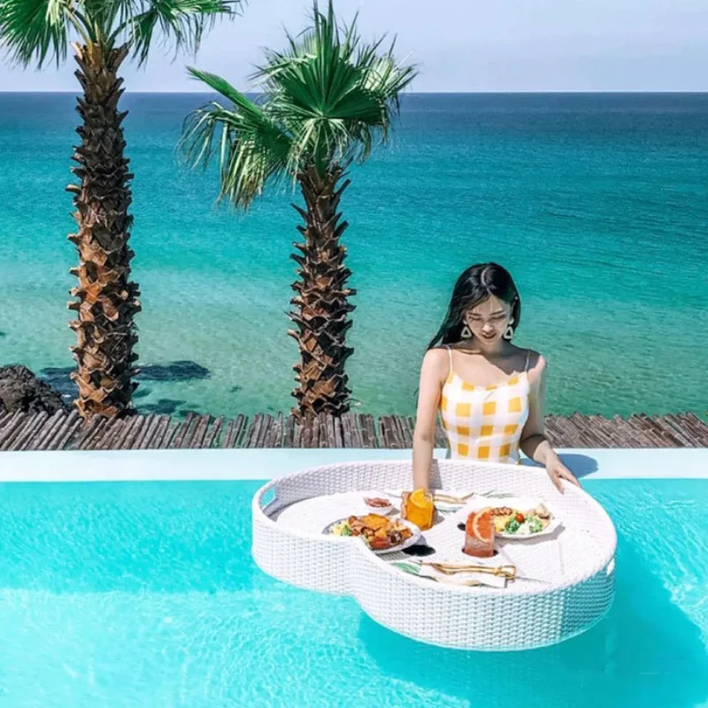 Heart Round Restaurant Hotel Custom Brunch Breakfast Food Drinks Serving Trays Swimming Pool Rattan Tray Floating Tray For Pool