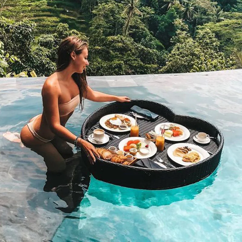 Heart Round Restaurant Hotel Custom Brunch Breakfast Food Drinks Serving Trays Swimming Pool Rattan Tray Floating Tray For Pool