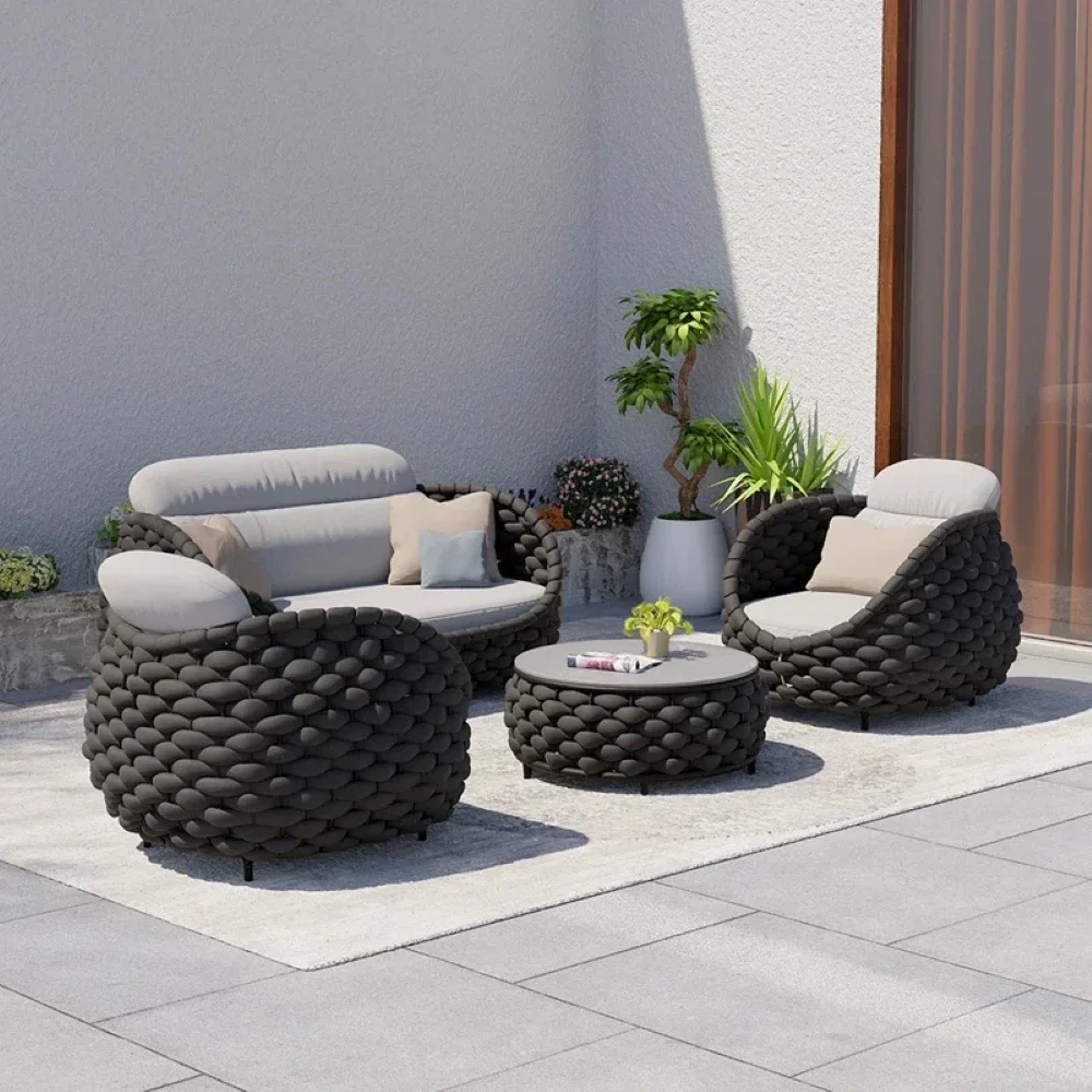 Factory modern outdoor hotel patio balcony furniture sofa curve rope patio furniture sofa chair with cushions rattan garden sofa