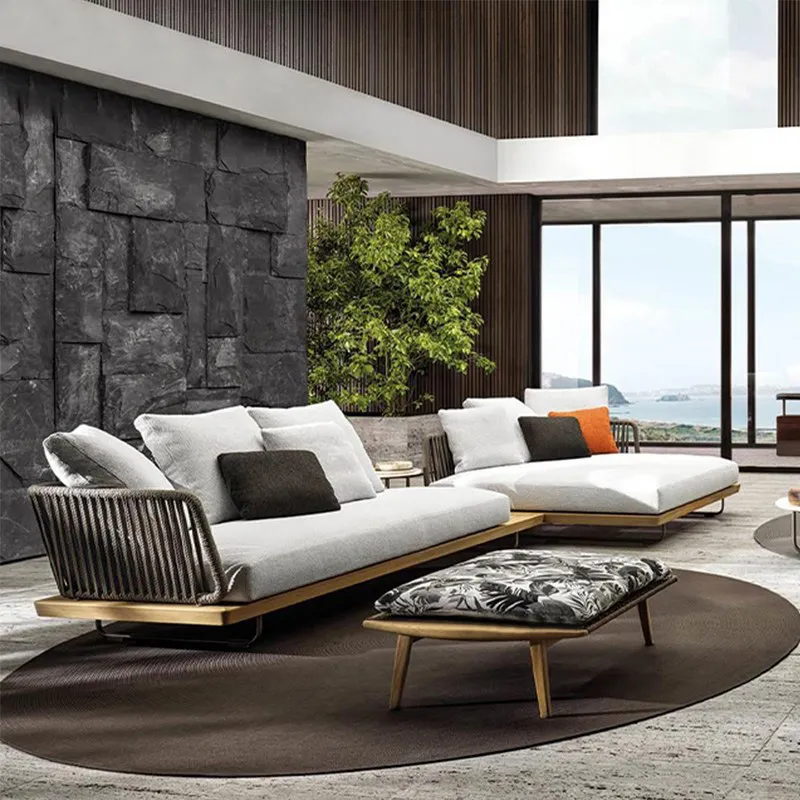 waterproof woven rope aluminum and teak wood garden outdoor sofa