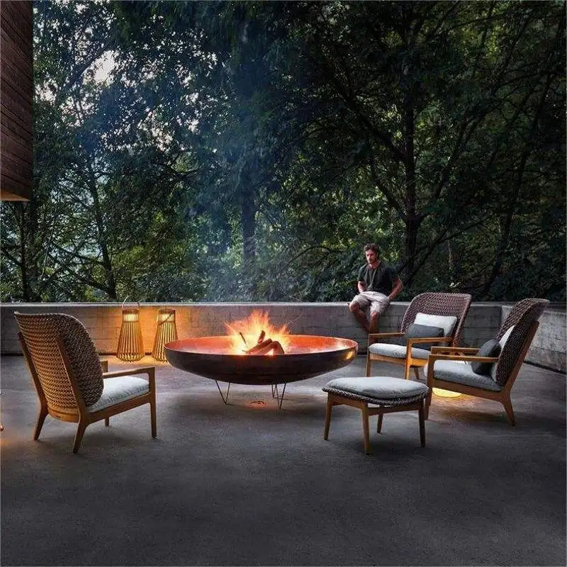 Luxury Garden outdoor furniture Teak Wood Wicker Sofa Set Hotel Low Back Two Seat Sofa