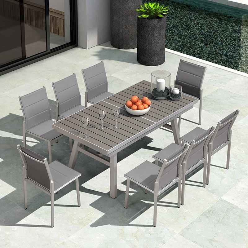 Outdoor Leisure Table And Chair Plastic Wood Dining Sets 8 Seater Outdoor Garden