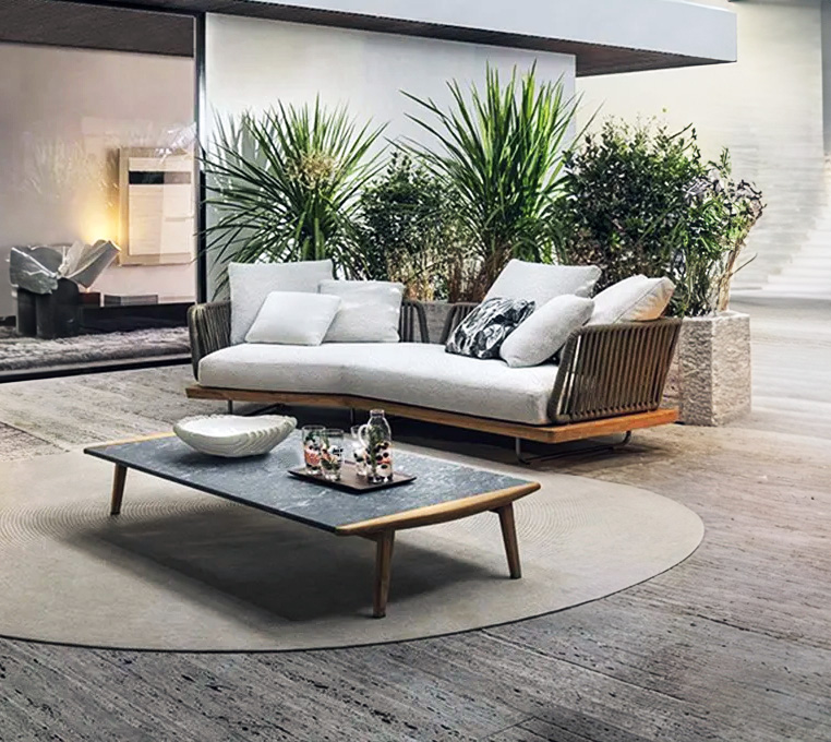 waterproof woven rope aluminum and teak wood garden outdoor sofa