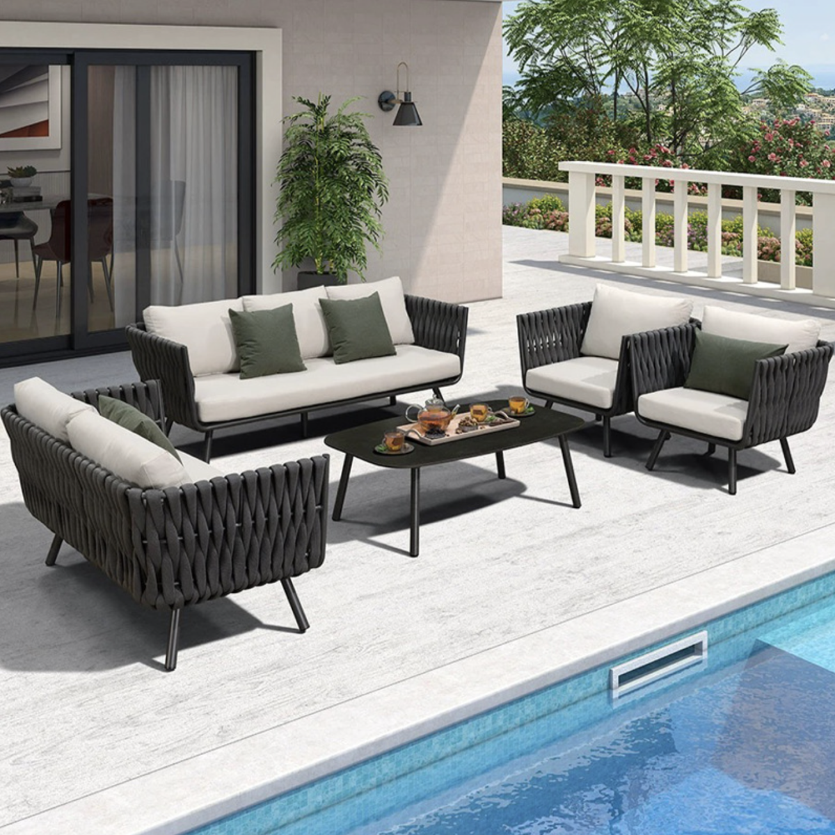 Outdoor Person Sofa Combination for Villa Balcony, Nordic Rattan Tea Table for Hotel Outdoor Courtyard Garden Leisure Furniture