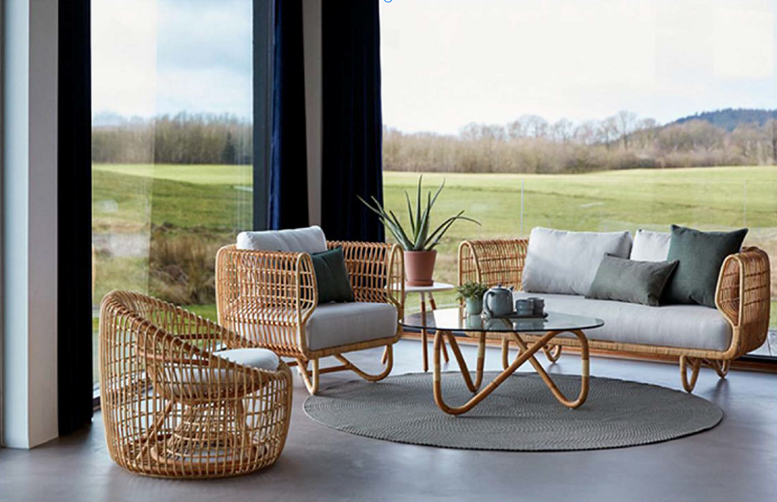 Rattan Outdoor Sofa Set with Glass Top Coffee Table and Cushions in Yellow