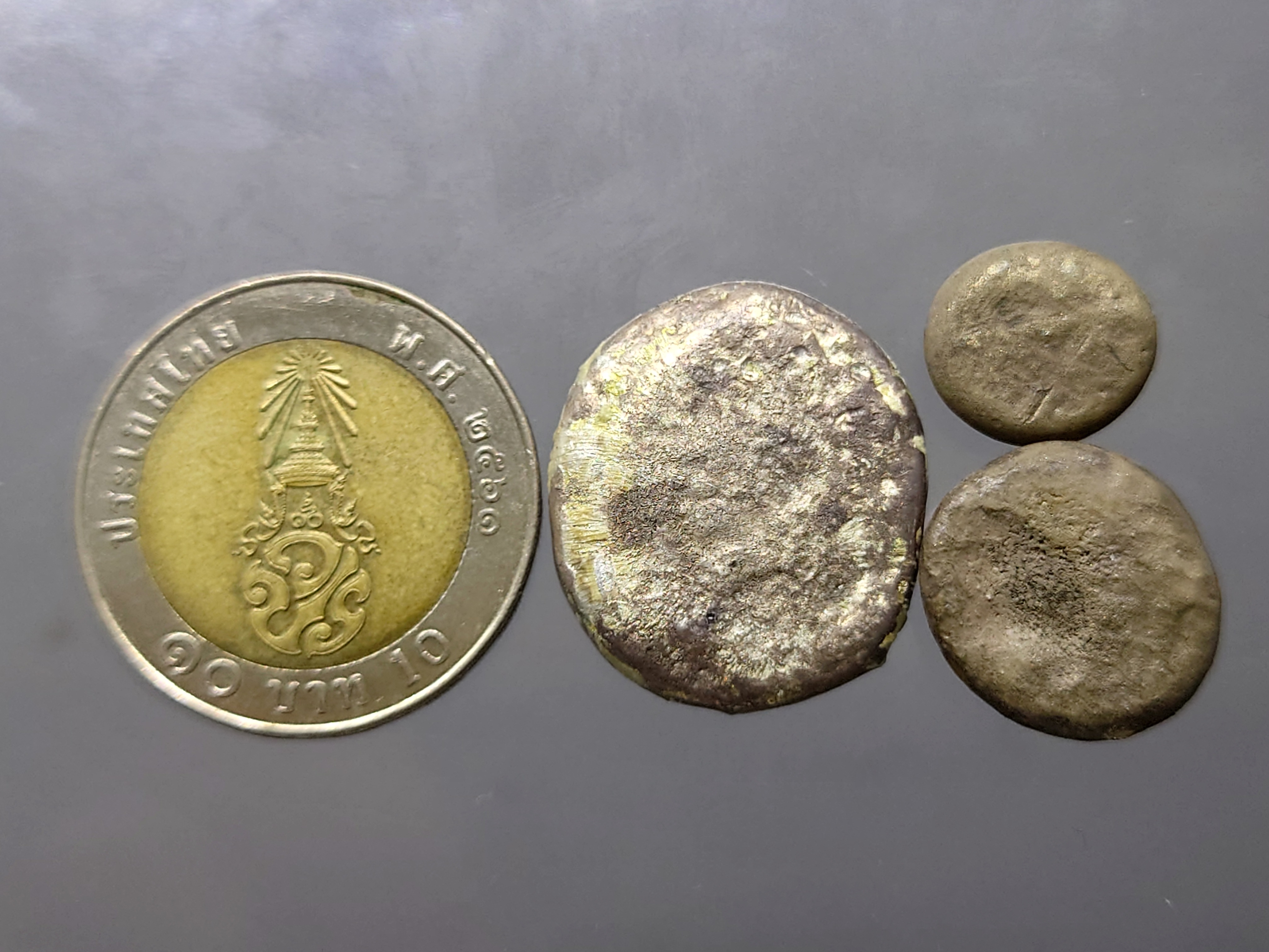 เงินก้อนชุด 3 ขนาด (บาท สองสลึง สลึง) ฮวยจุ่งล้ง (ตราท่าเรือกลไฟ ) ตราหายาก สมัยรัชกาลที่ 4 สภาพสวย