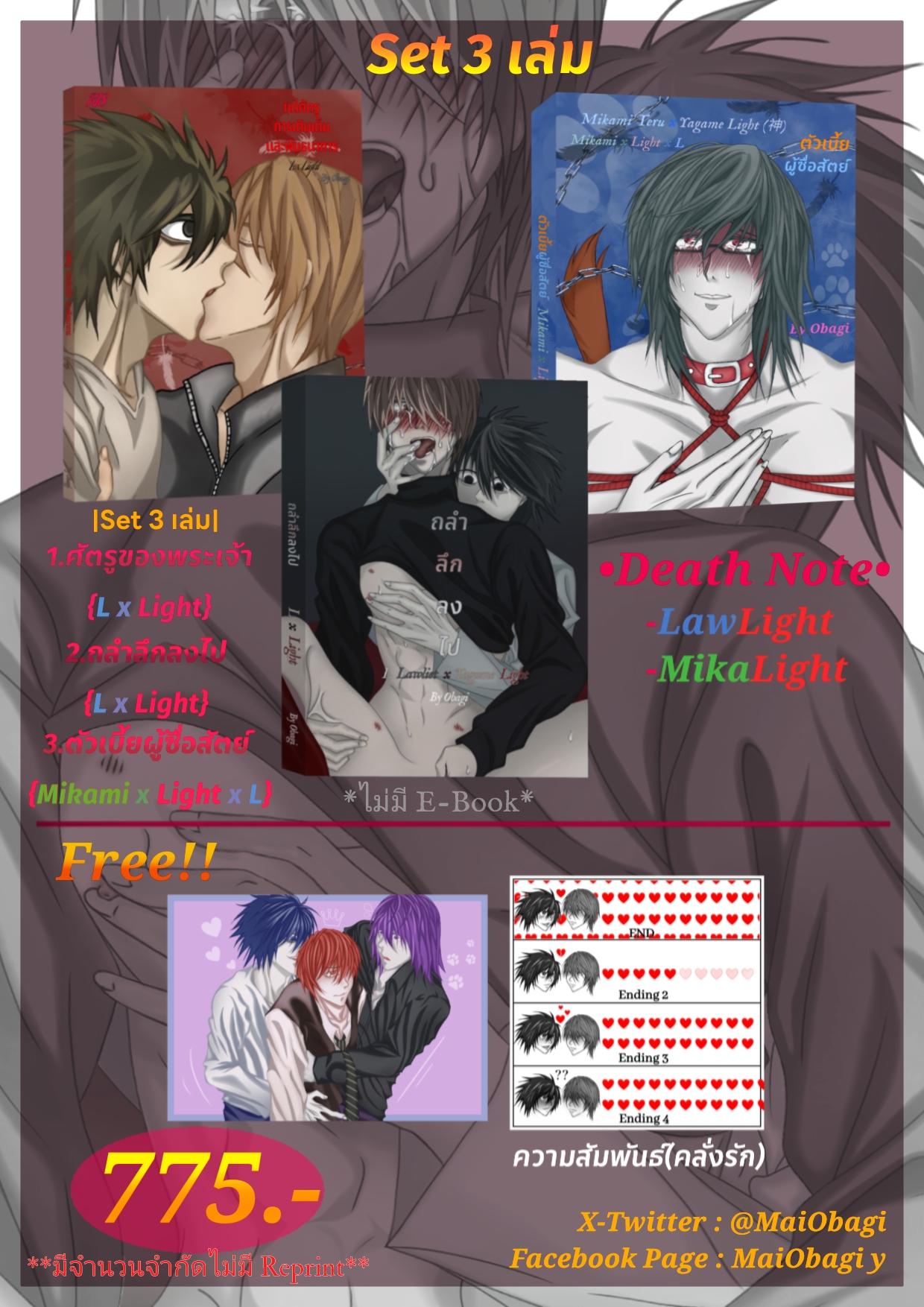 Set 3 เล่ม+ของแถมพิเศษ Fic Death Note แอลไลท์+มิคาไลท์{L x Light} {Mikami x Light}