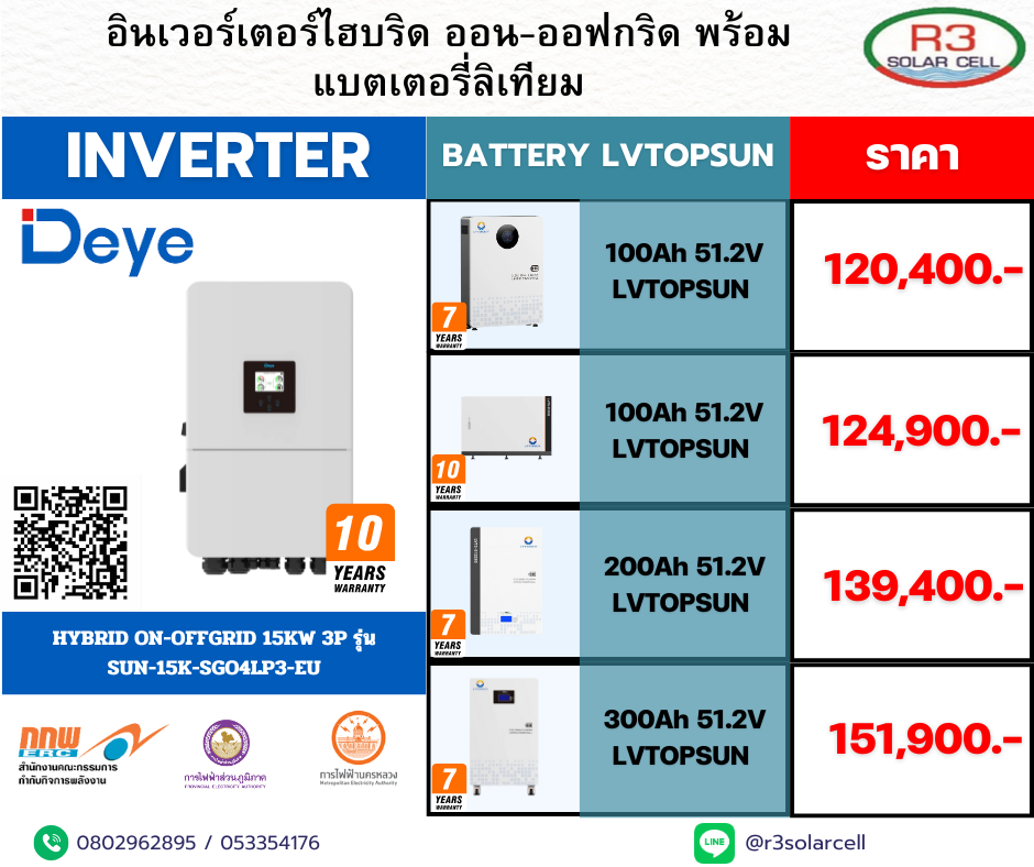 Deye Inverter + battery Lvtopsun 15kw 3p รุ่น SUN-15K-SGO4LP3-EU
