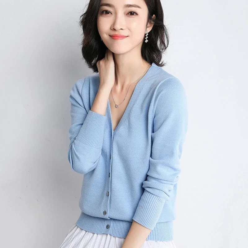 Women Cardigans V-neck Long Sleeve Knitted Outerwear Solid Thin Spring Autumn Sweaters Knitwears Korean Fashion Cardigans