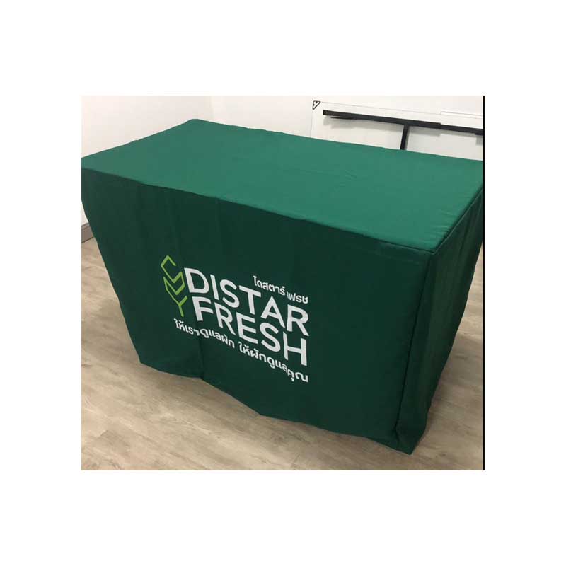 ผ้าคลุมโต๊ะแบบเก็บมุม Size 1.2 เมตร พร้อมสกรีนโลโก้