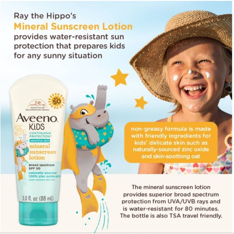 Aveeno Kids Continuous Protection Sensitive Skin Mineral SPF 50 Sunscreen ครีมกันแดดสำหรับเด็ก
