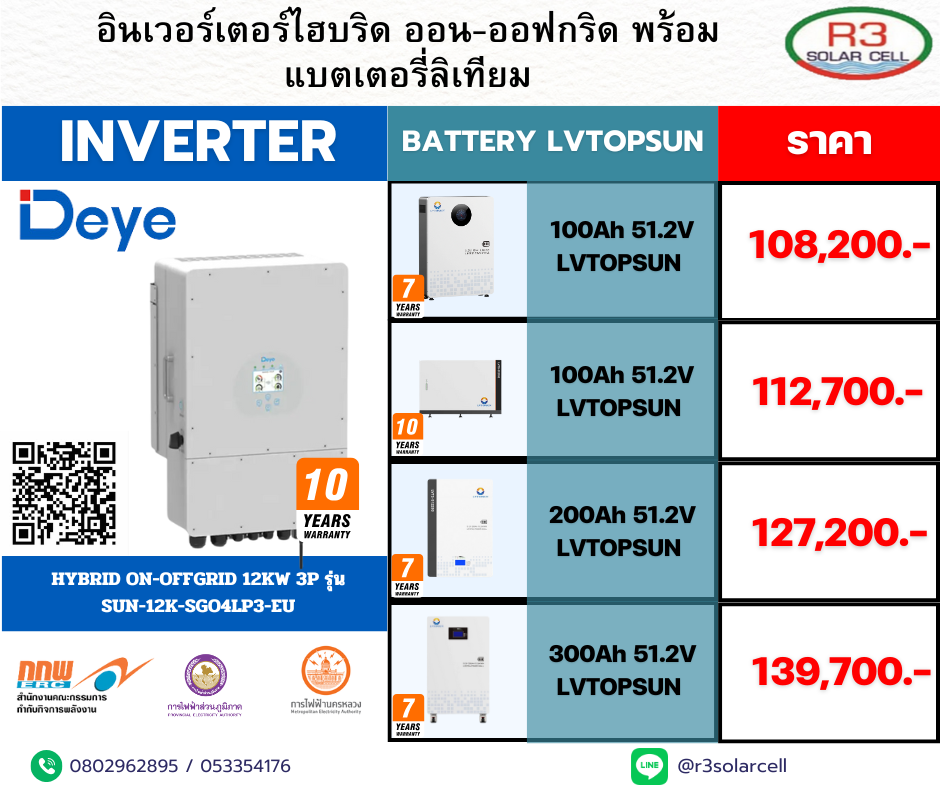 Deye Inverter + battery Lvtopsun 12kw 3p รุ่น SUN-12K-SGO4LP3-EU