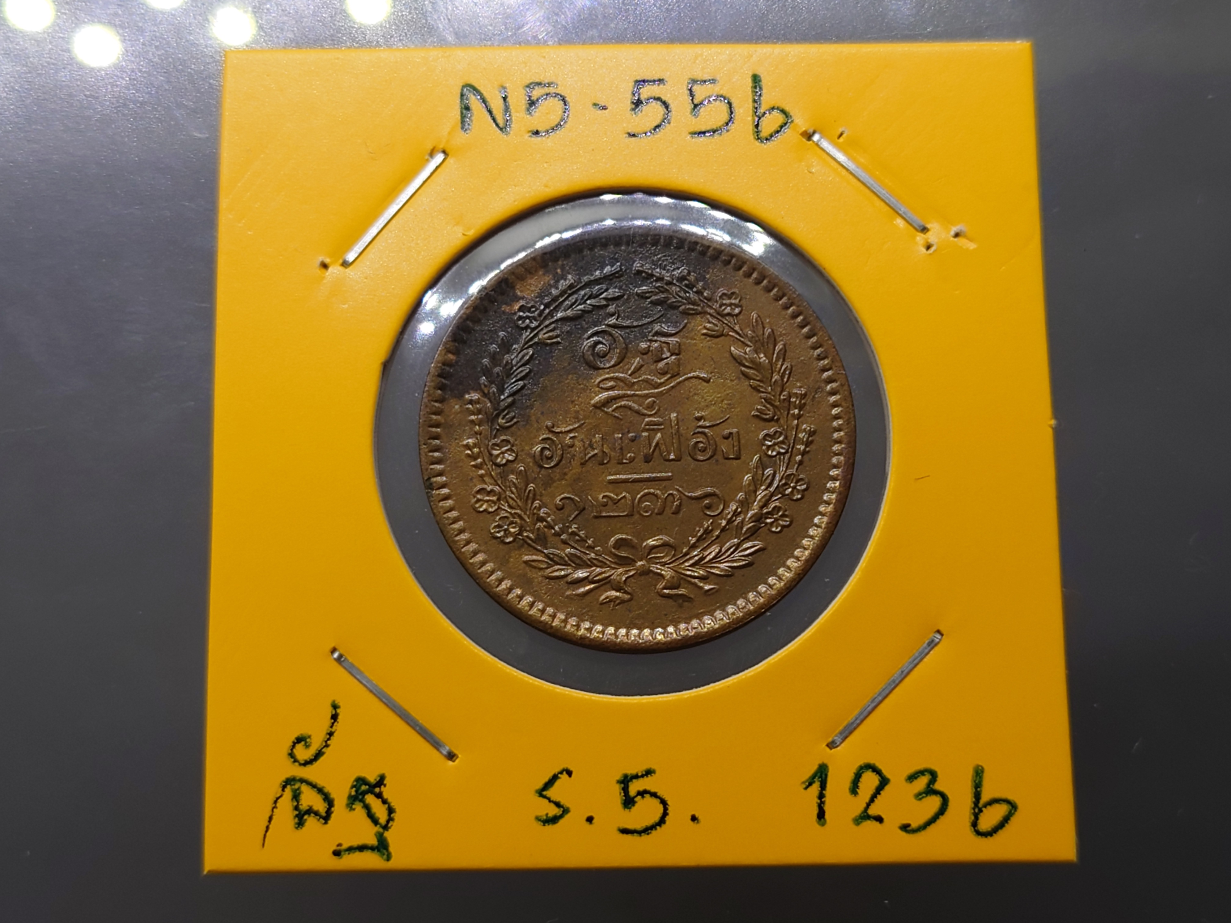 เหรียญอัฐ ทองแดงตรา จ.ป.ร.-ช่อชัยพฤกษ์ จ.ศ.1236