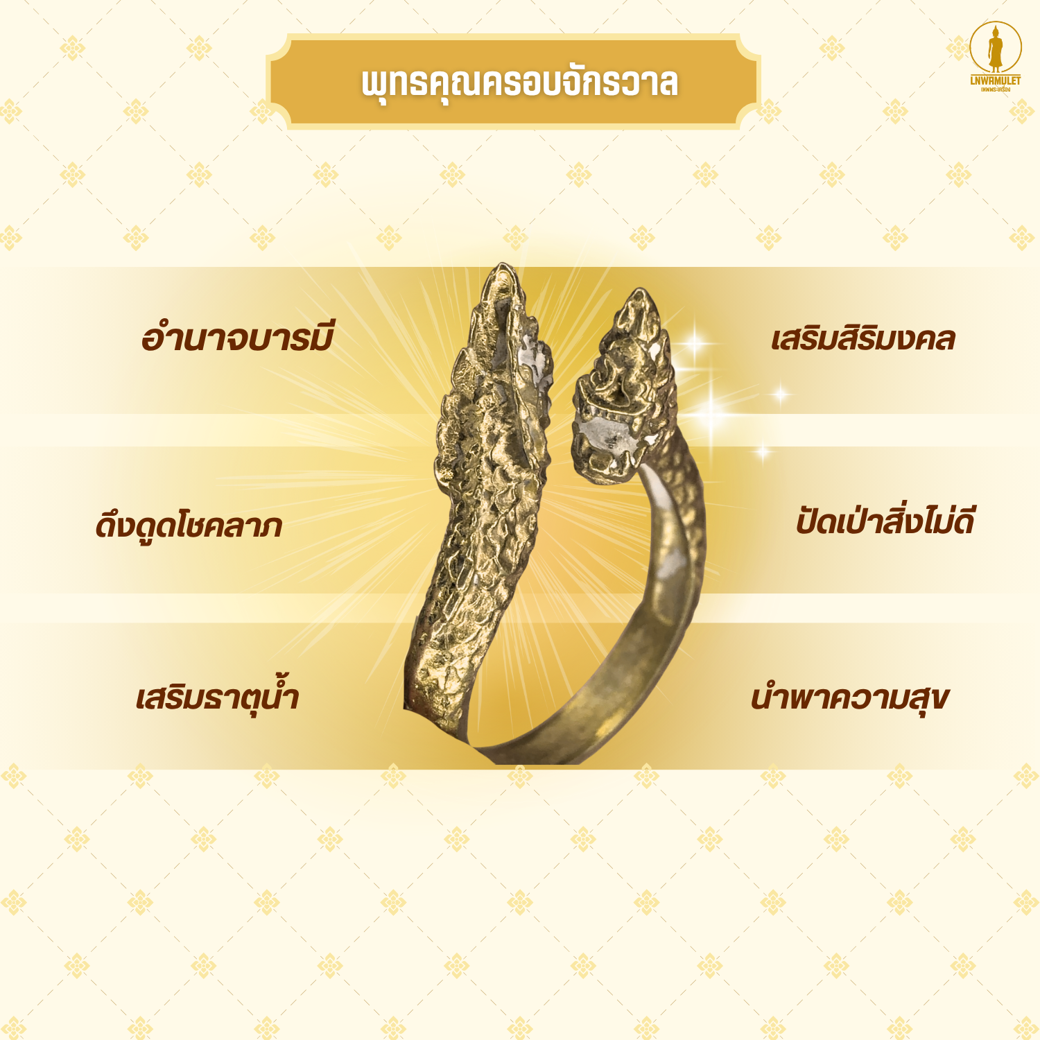 แหวนพญานาค 2 เศียร 1 ขด (ครูบาเดช) ปรับขนาดได้ แก้ปีชง เสริมบารมี