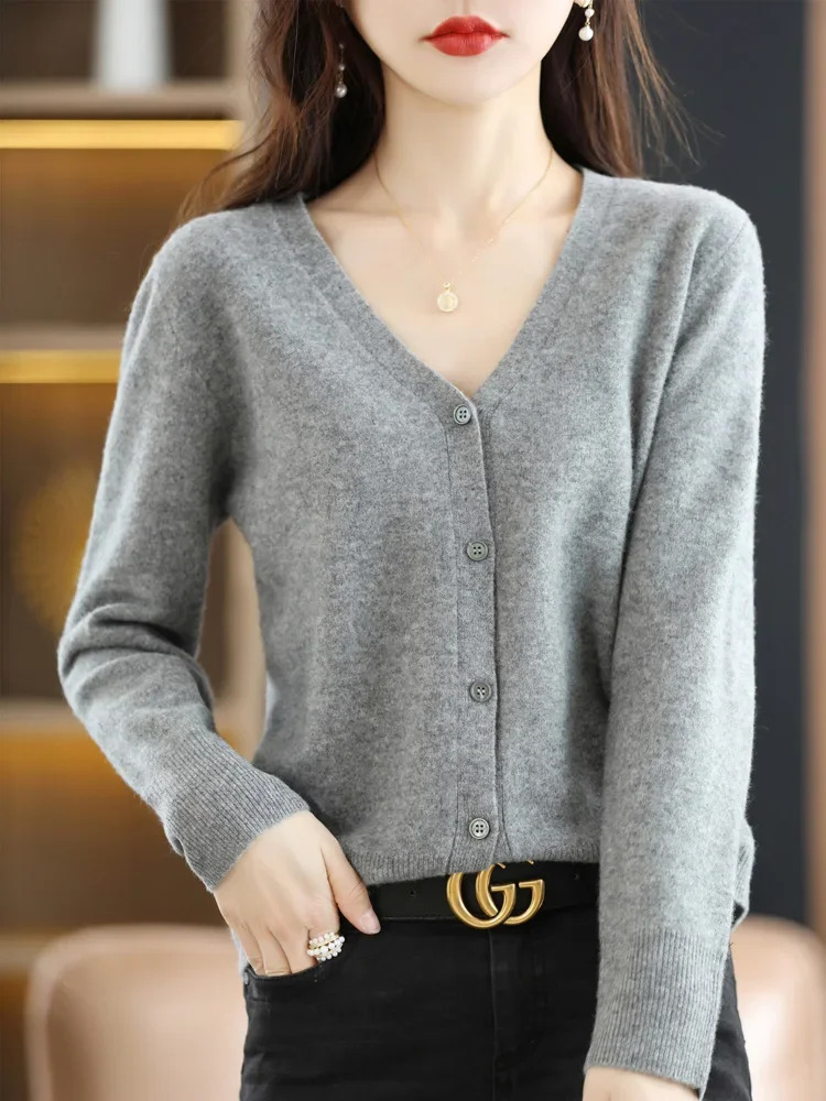 Women Cardigans V-neck Long Sleeve Knitted Outerwear Solid Thin Spring Autumn Sweaters Knitwears Korean Fashion Cardigans