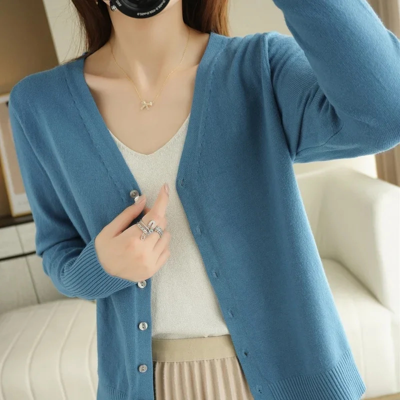 Women Cardigans V-neck Long Sleeve Knitted Outerwear Solid Thin Spring Autumn Sweaters Knitwears Korean Fashion Cardigans