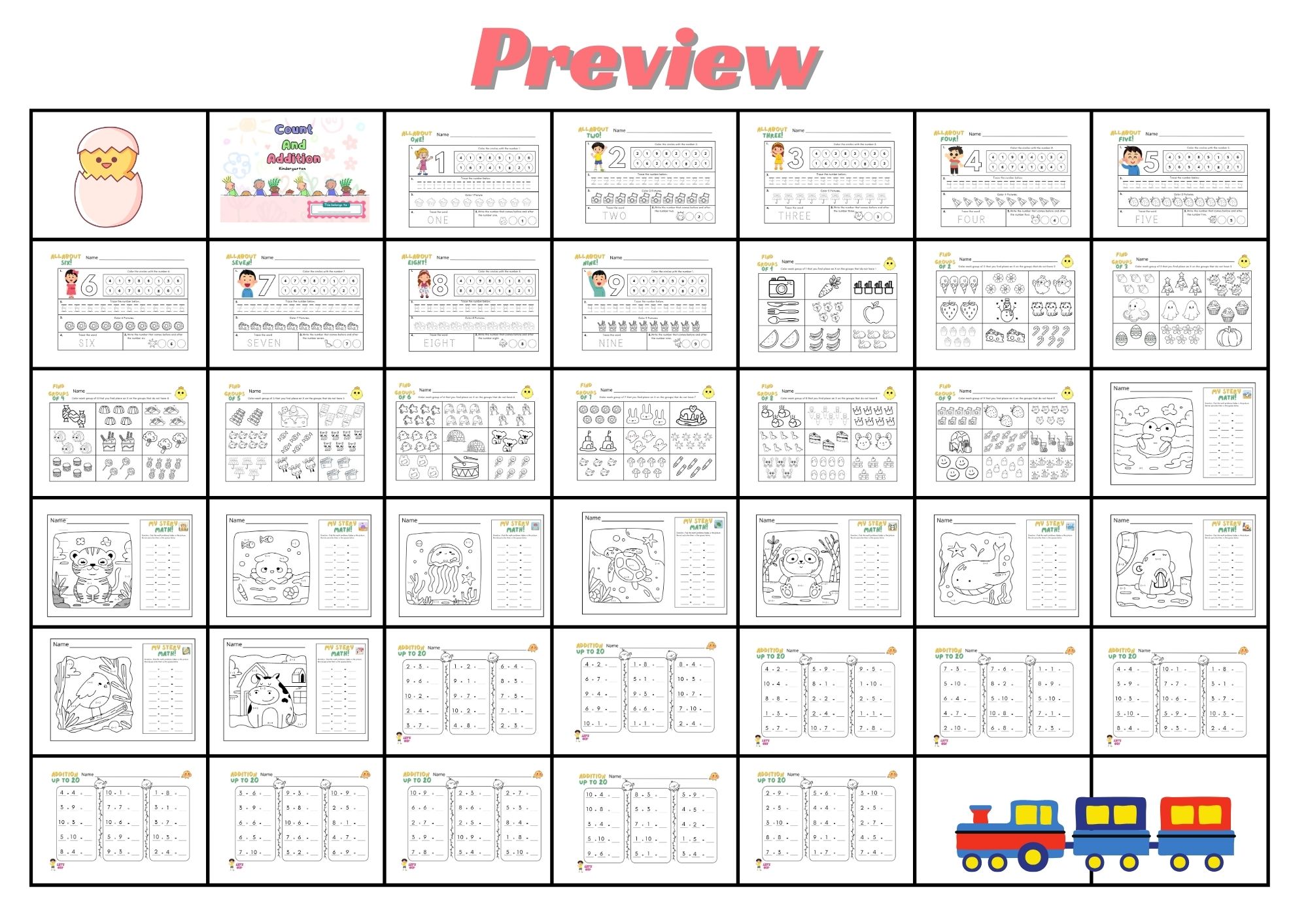 🍀ไฟล์ ใบงาน แบบฝึกนับตัวเลขระบายสี และการบวกเลขผลลัพธ์ไม่เกิน 20 สำหรับเด็กระดับ เตรียมอนุบาล - อนุบาล 3🍀
