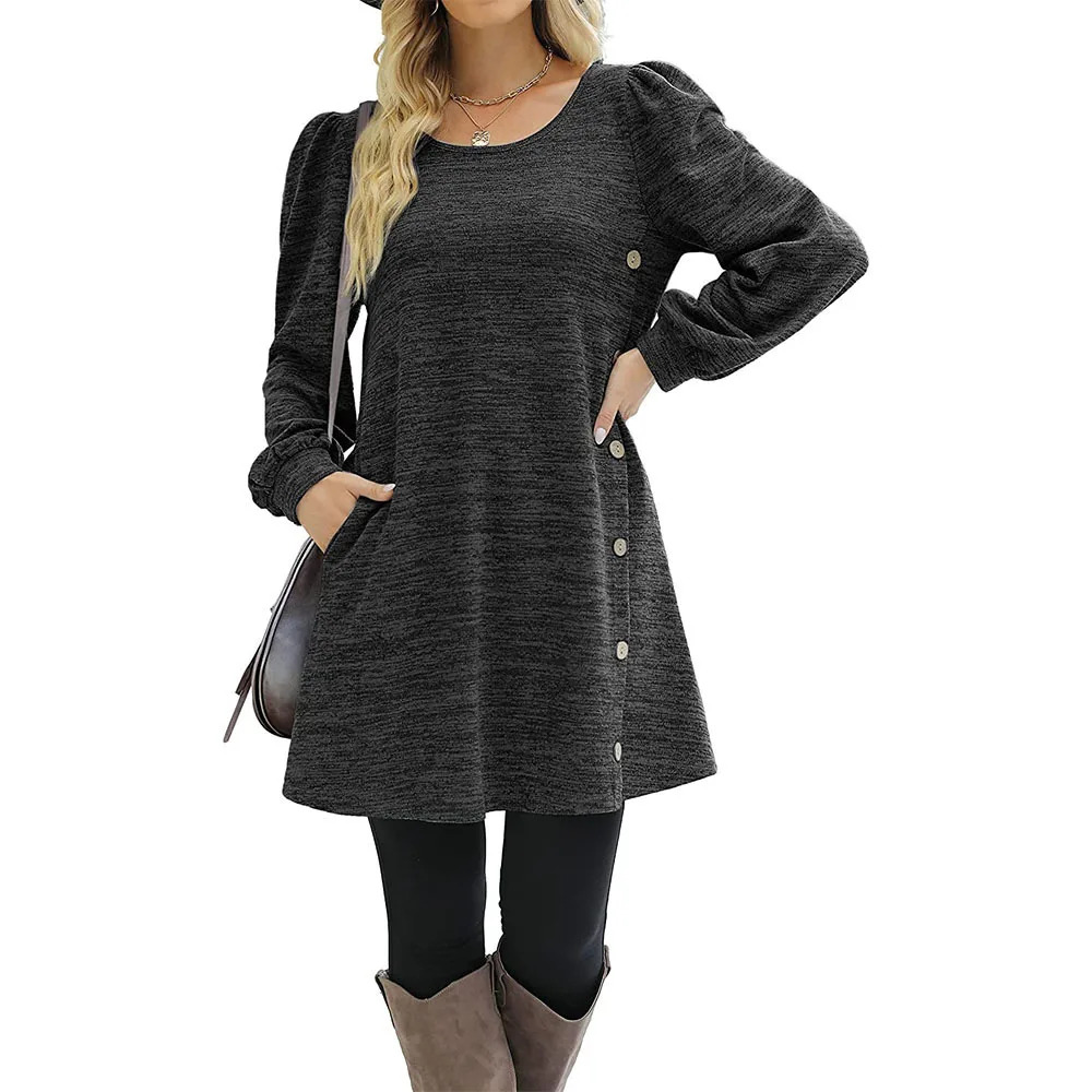 Fashion Women Round Neck Solid Color Button Long Sleeve Casual Loose Dress Vestido Feminino Dresses For Women New