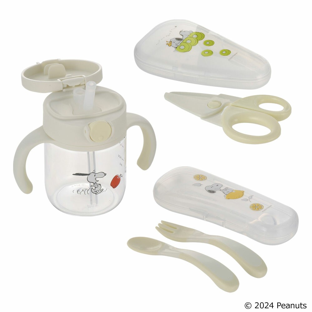 Richell - ชุดแก้วหัดดื่ม กรรไกรตัดอาหาร ช้อนพร้อมกล่องเก็บลายสนูปปี้ Snoopy Go Out Straw Mug Set