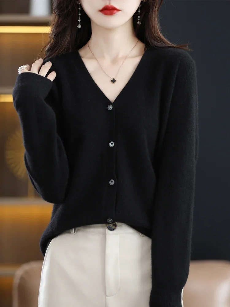 Women Cardigans V-neck Long Sleeve Knitted Outerwear Solid Thin Spring Autumn Sweaters Knitwears Korean Fashion Cardigans