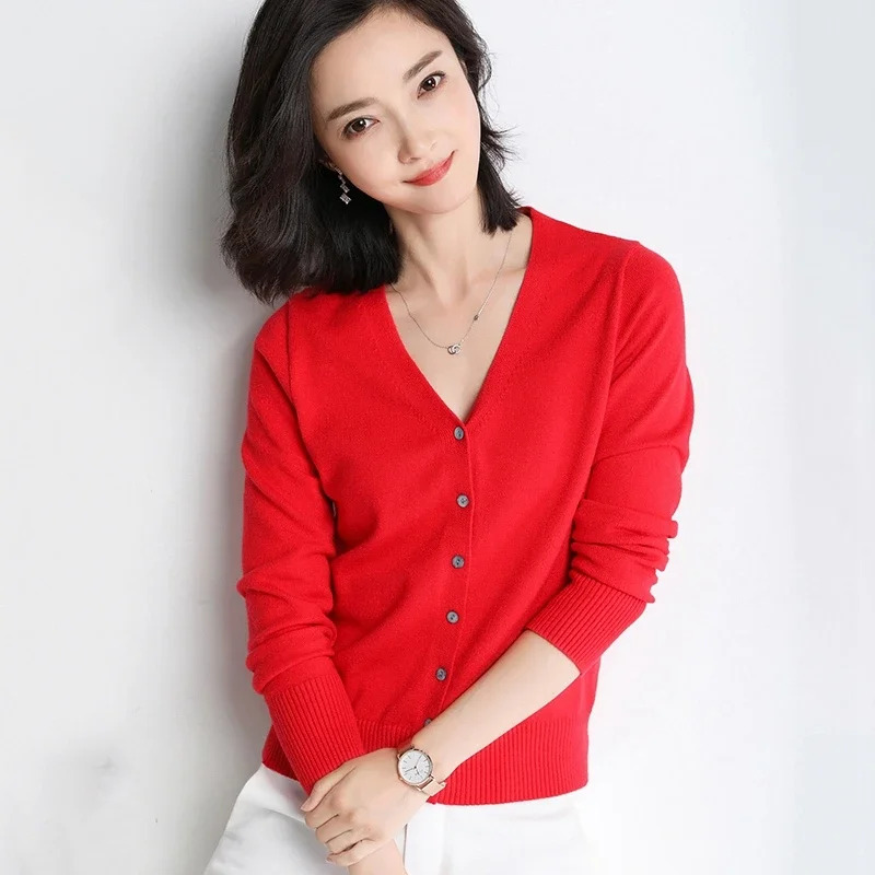 Women Cardigans V-neck Long Sleeve Knitted Outerwear Solid Thin Spring Autumn Sweaters Knitwears Korean Fashion Cardigans