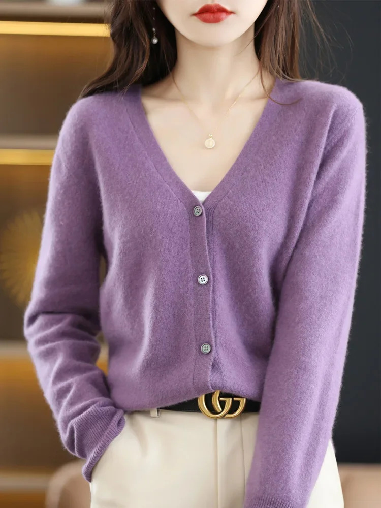 Women Cardigans V-neck Long Sleeve Knitted Outerwear Solid Thin Spring Autumn Sweaters Knitwears Korean Fashion Cardigans