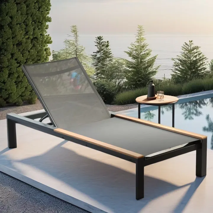 Wooden high quality beach chair garden hotel poolside sun lounger aluminum mesh outdoor sun chaise lounge hotel furniture