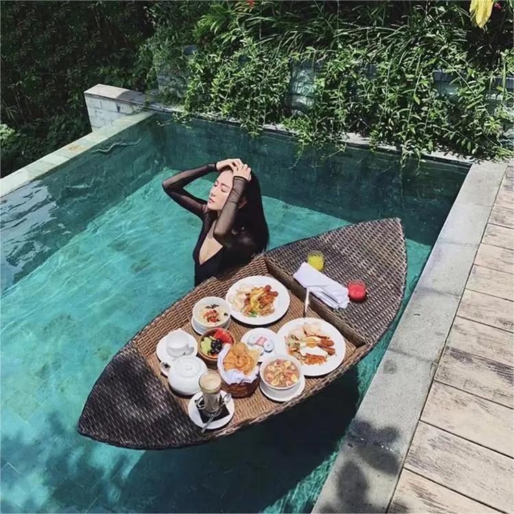 Hotel Coffee Color Ship Rattan Floating Breakfast Tray For Swimming Pool Floating Pool Tray For Food And Drinks Serving Trays