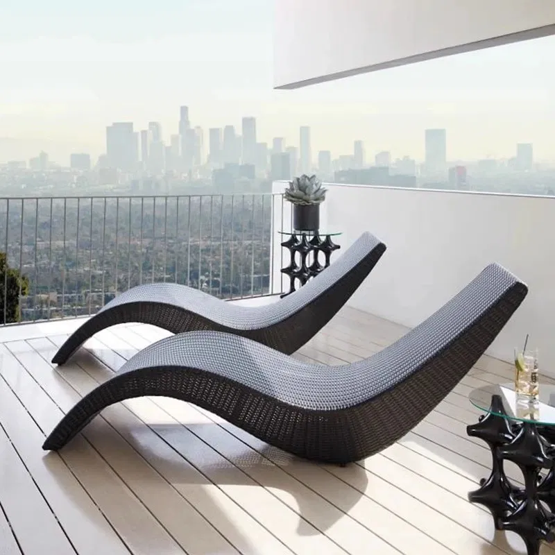 Synthetic rattan S shaped waterproof swimming pool chair wicker beach bed stacking sun lounger with cushions