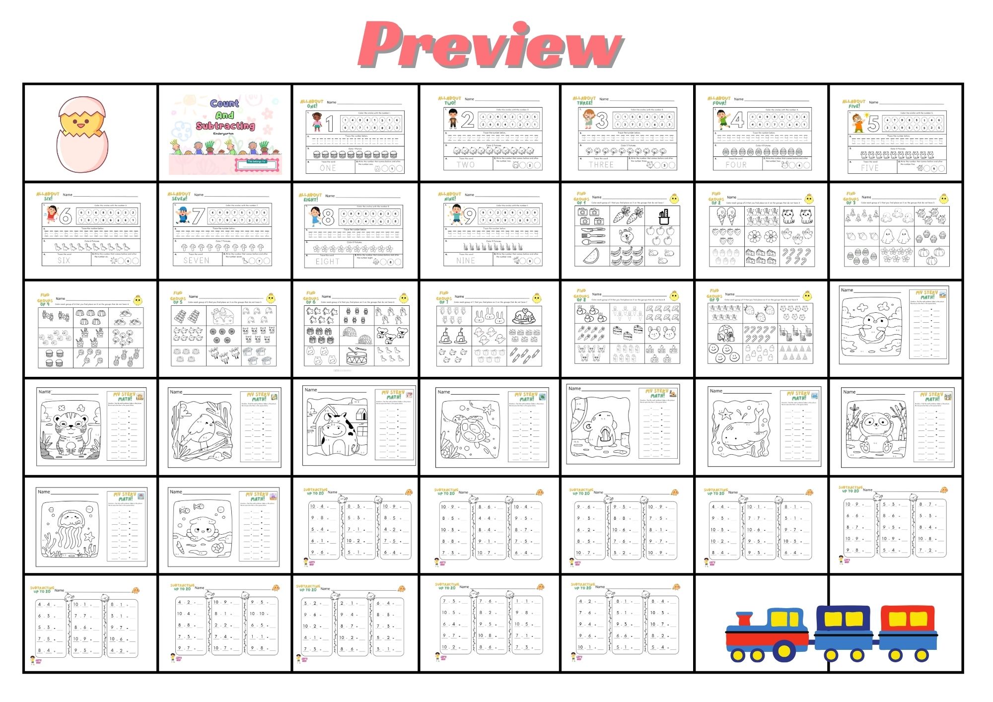 🍀ไฟล์ ใบงาน แบบฝึกนับตัวเลขระบายสี และการลบเลขผลลัพธ์ไม่เกิน 20 สำหรับเด็กระดับ เตรียมอนุบาล - อนุบาล 3🍀