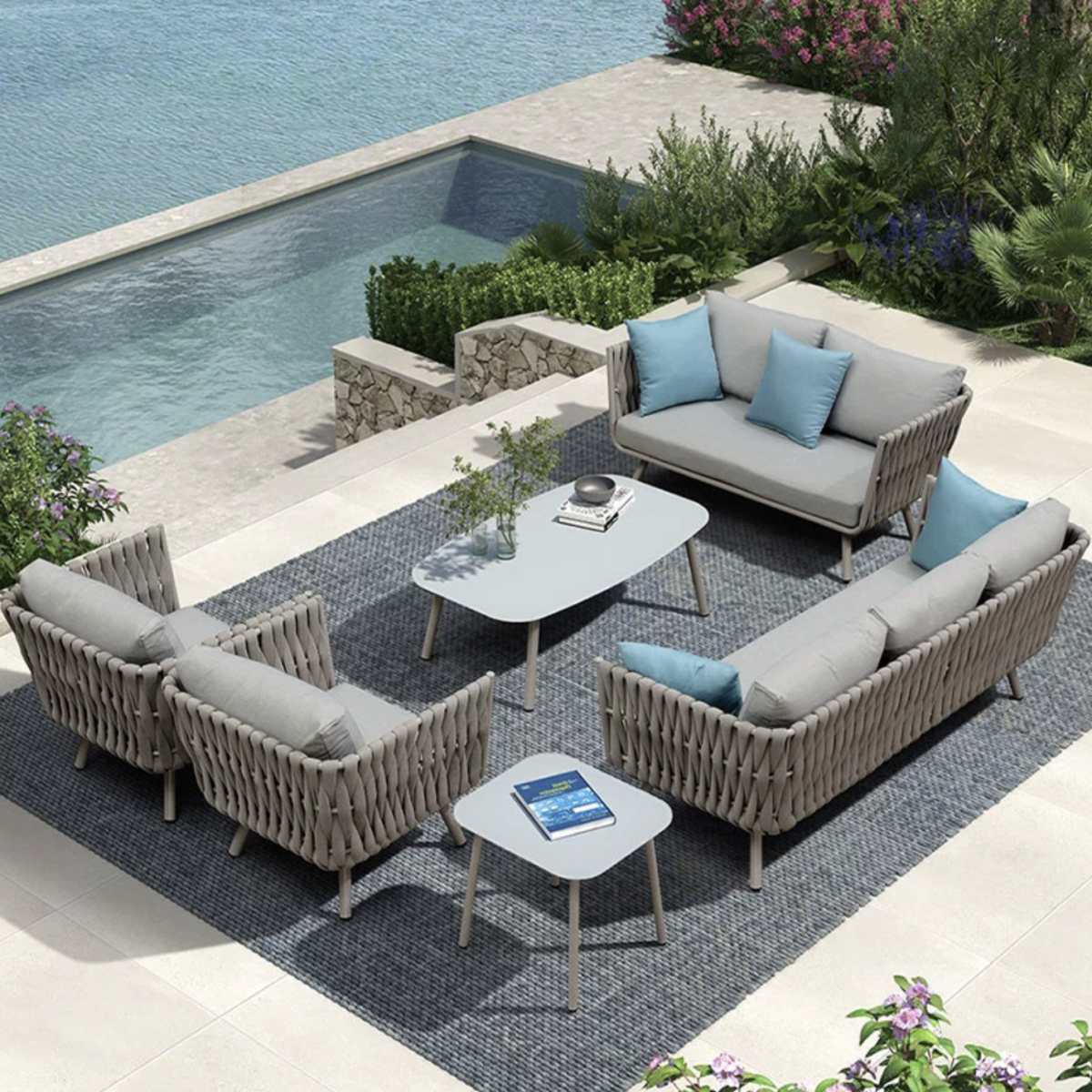 Outdoor Person Sofa Combination for Villa Balcony, Nordic Rattan Tea Table for Hotel Outdoor Courtyard Garden Leisure Furniture