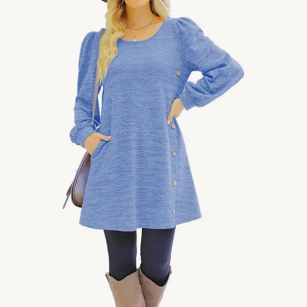 Fashion Women Round Neck Solid Color Button Long Sleeve Casual Loose Dress Vestido Feminino Dresses For Women New