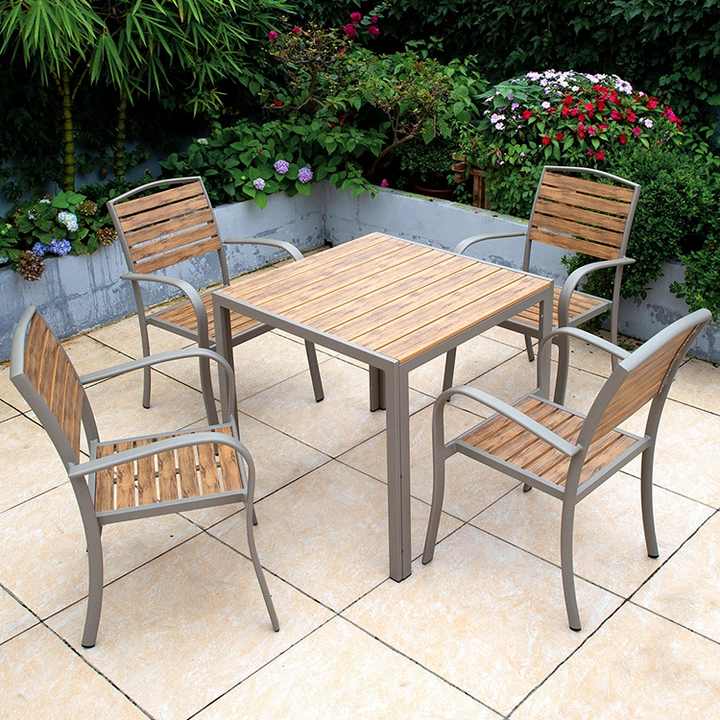 outdoor anti-corrosive aluminium alloy frame plastic wood table for six people garden courtyard