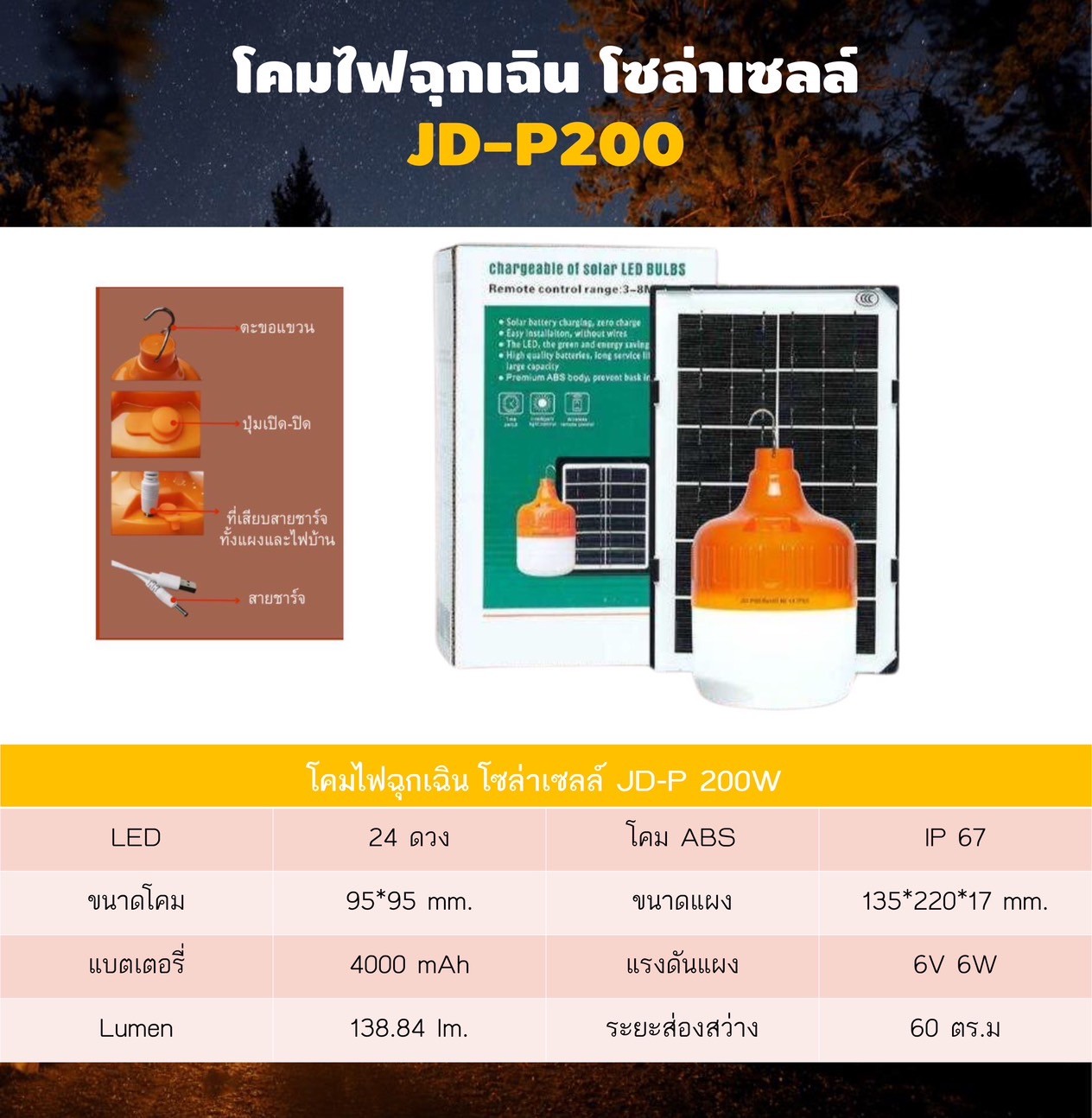โคมไฟฉุกเฉิน รุ่น JD-P200