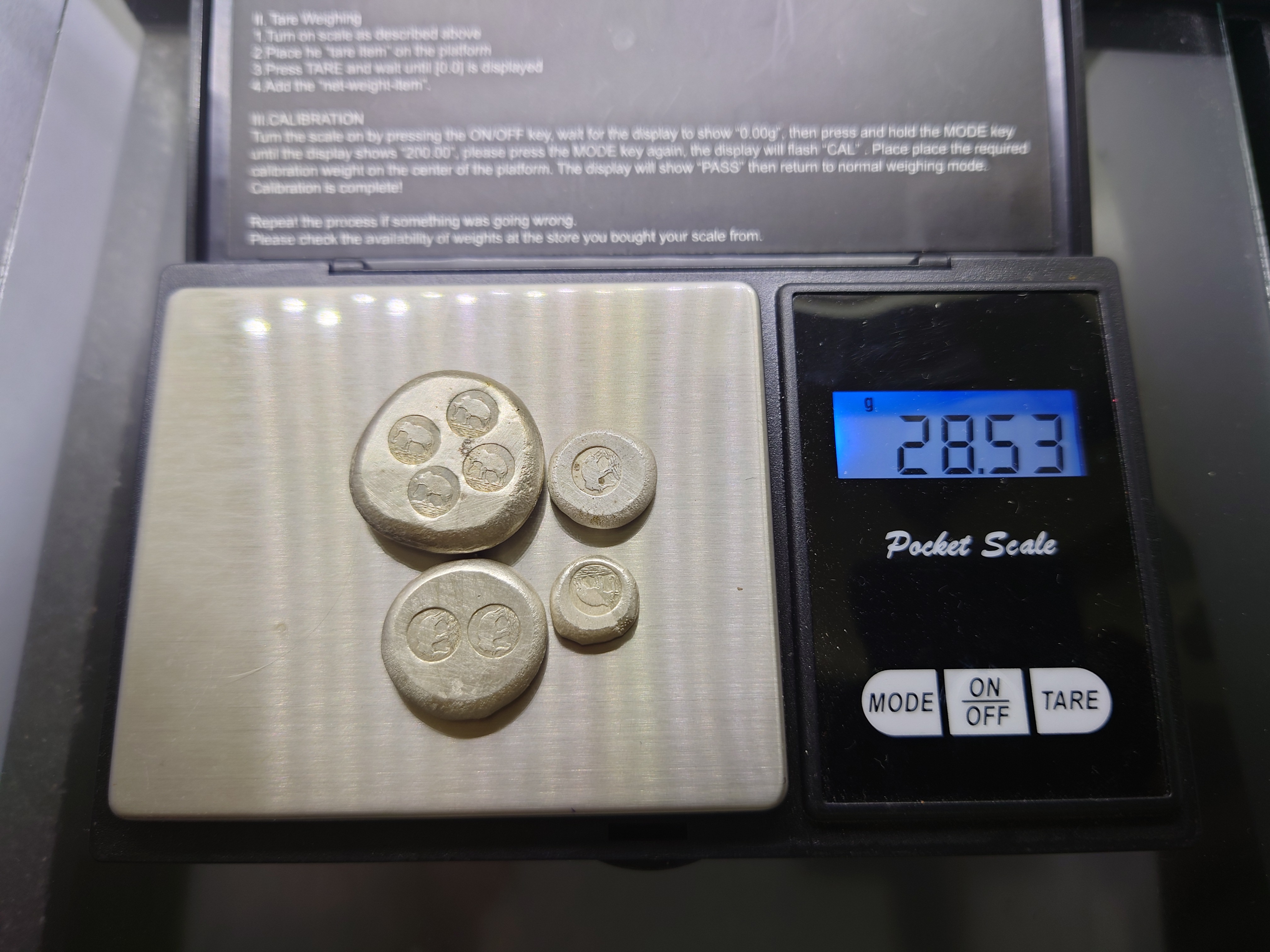 เงินก้อนชุด 4 ขนาด (ขนาดบาท สองสลึง สลึง เฟื้อง) ตอกตราการค้าช้างสยาม ตราหายาก เงินโบราณ หายาก สภาพสวย