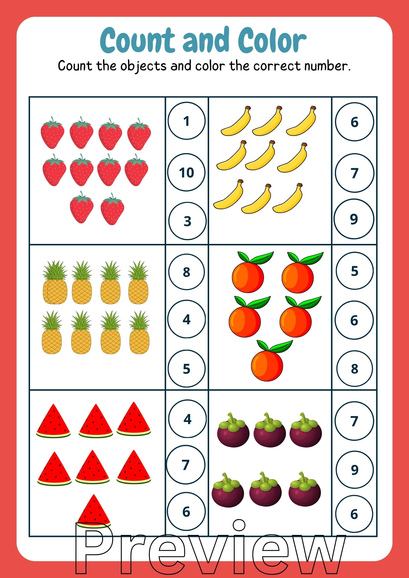🔸️ไฟล์ pdf🔸️🍀ไฟล์ ใบงาน แบบฝึกนับตัวเลข และระบายสี สำหรับเด็กระดับ เตรียมอนุบาล - อนุบาล 1🍀Let's Count! and Color