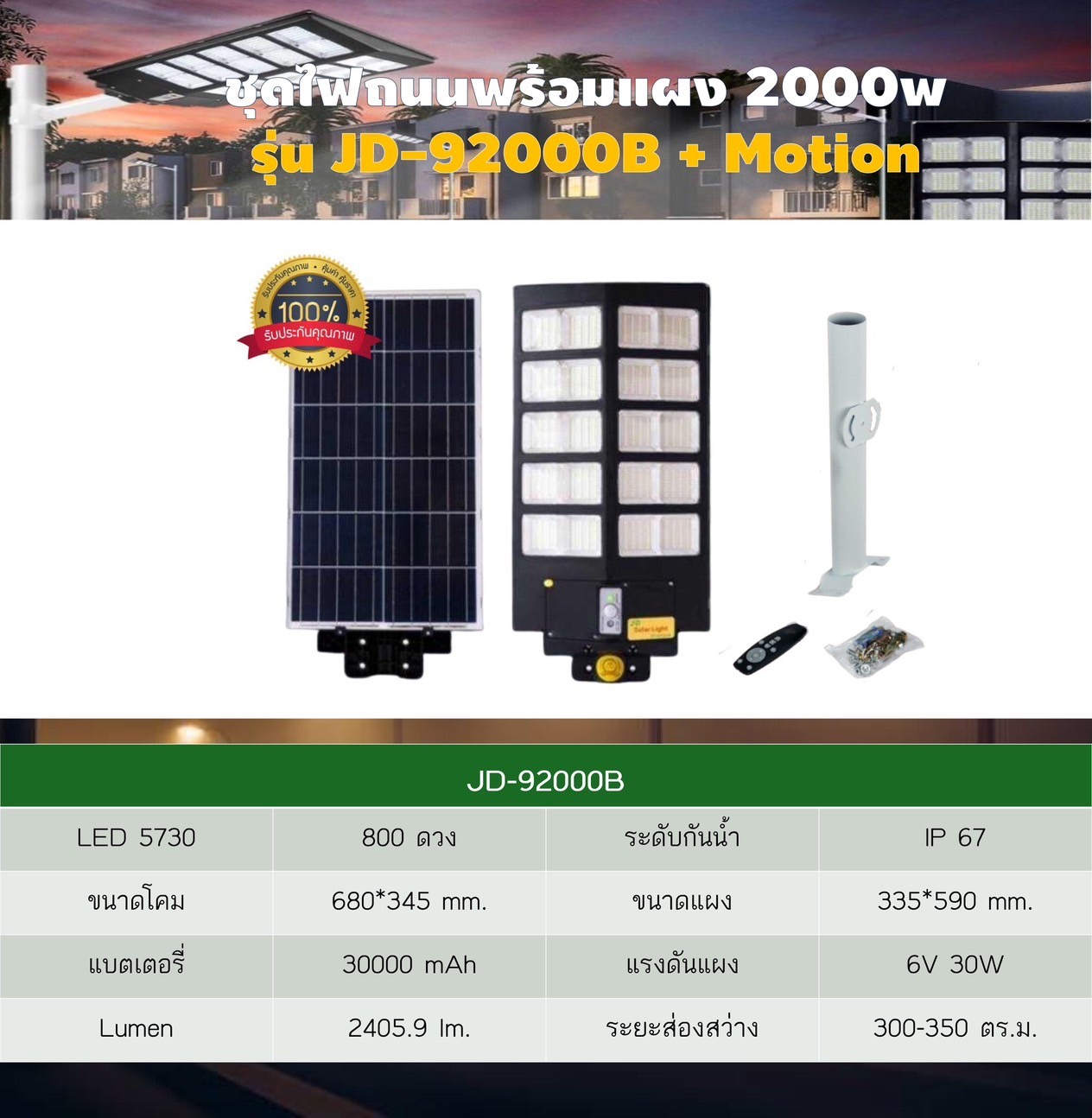 ชุดไฟถนนพร้อมแผง รุ่น JD-92000B+Motion