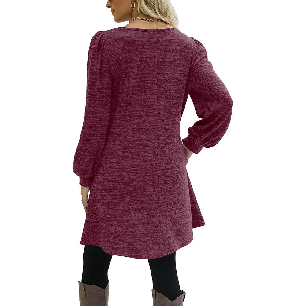 Fashion Women Round Neck Solid Color Button Long Sleeve Casual Loose Dress Vestido Feminino Dresses For Women New