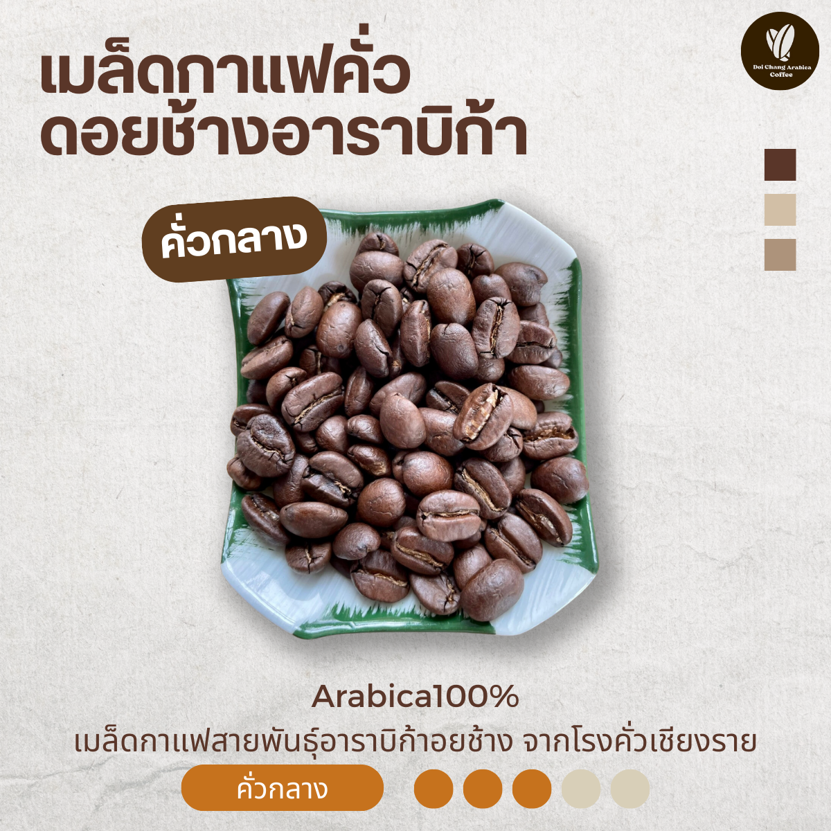 เมล็ดกาแฟอาราบิก้าดอยช้าง คั่วกลางค่อนเข้ม ขนาด 1 กิโลกรัม (Doi Chang Arabica Medium to Dark Roast 1 kg.)