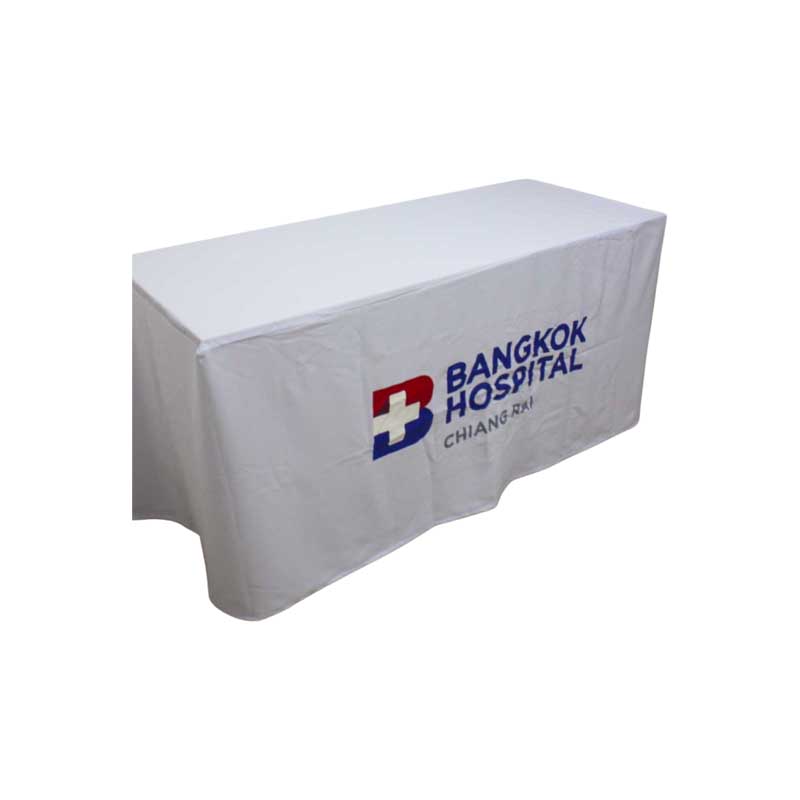 ผ้าคลุมโต๊ะแบบเก็บมุม Size 1.5 เมตร พร้อมสกรีนโลโก้
