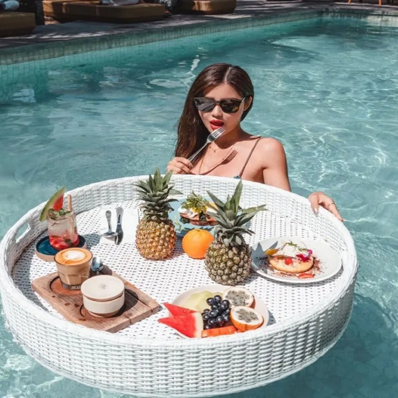 Rattan round Floating Breakfast Water Basket Swimming pool floating tray for Outdoor Dining Hotel Poolside Afternoon Tea Plate