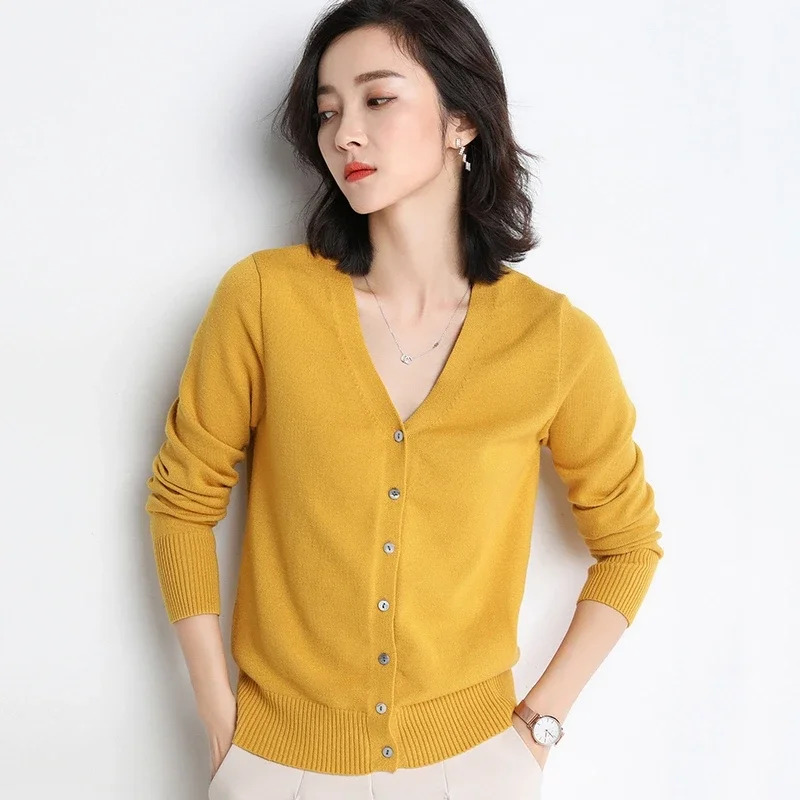 Women Cardigans V-neck Long Sleeve Knitted Outerwear Solid Thin Spring Autumn Sweaters Knitwears Korean Fashion Cardigans