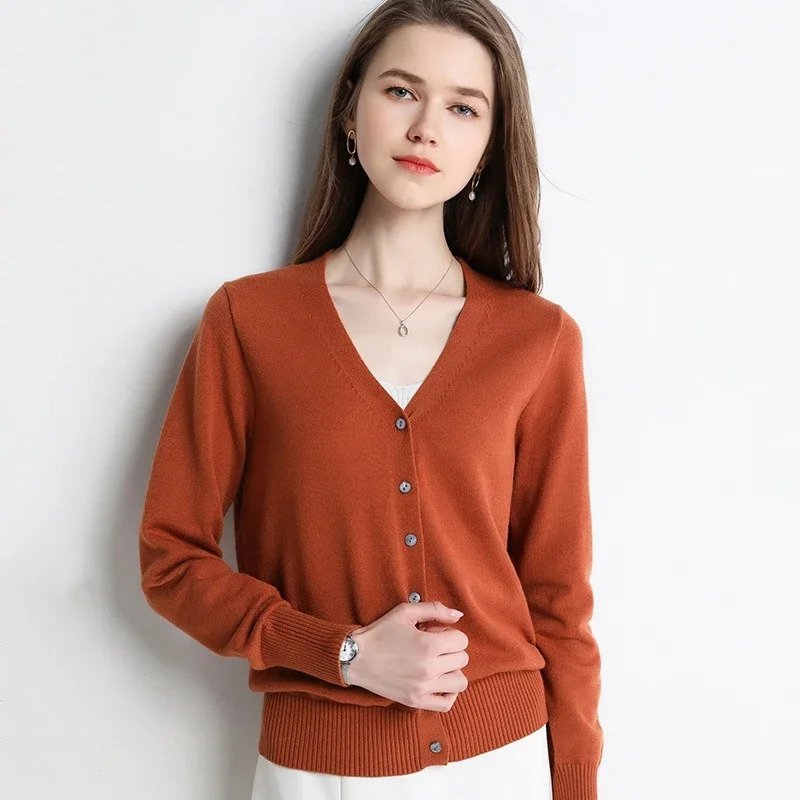 Women Cardigans V-neck Long Sleeve Knitted Outerwear Solid Thin Spring Autumn Sweaters Knitwears Korean Fashion Cardigans