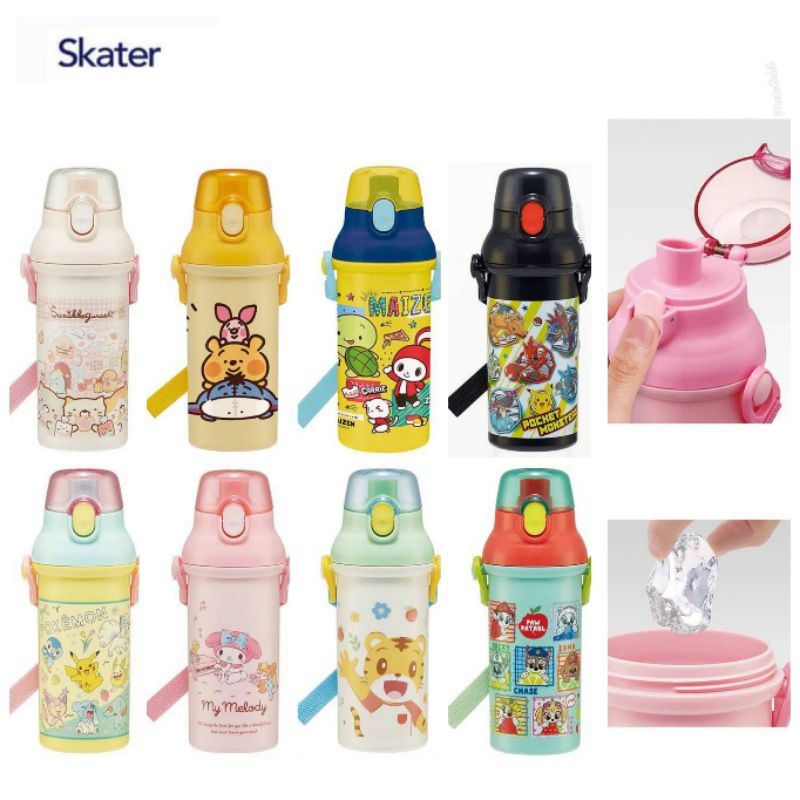 NEW เพิ่มลายปี 2026 Skater - Antibacterial direct drink plastic water bottleกระติกน้ำยกดื่ม ลายการ์ตูน แบรนด์ Skater แท้ จากญี่ปุ่น ขนาด 480ml.