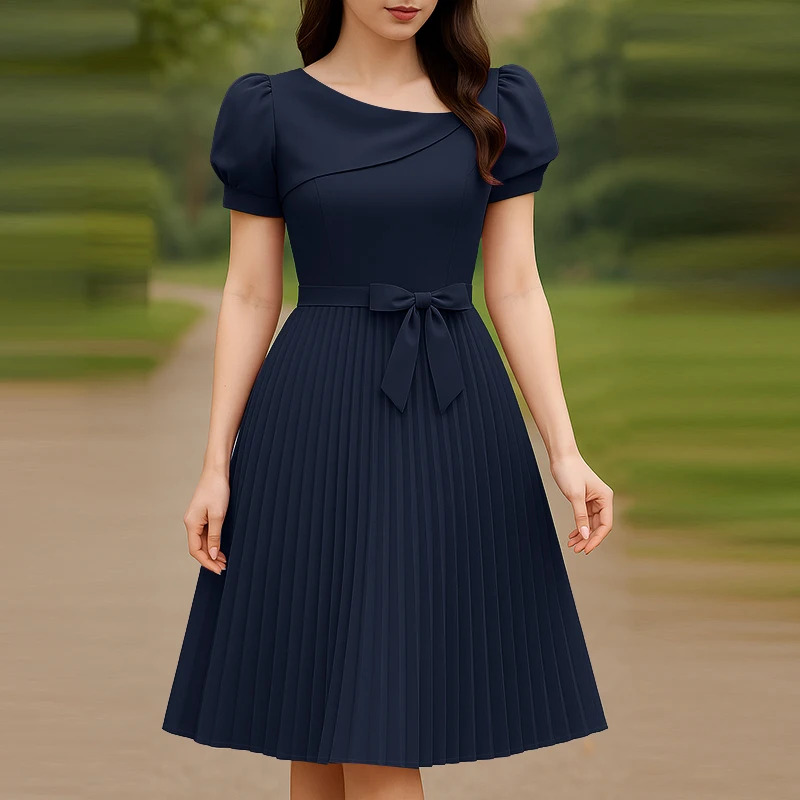 ZANZEA Dark Blue Elegant Puff Sleeve Party Dress