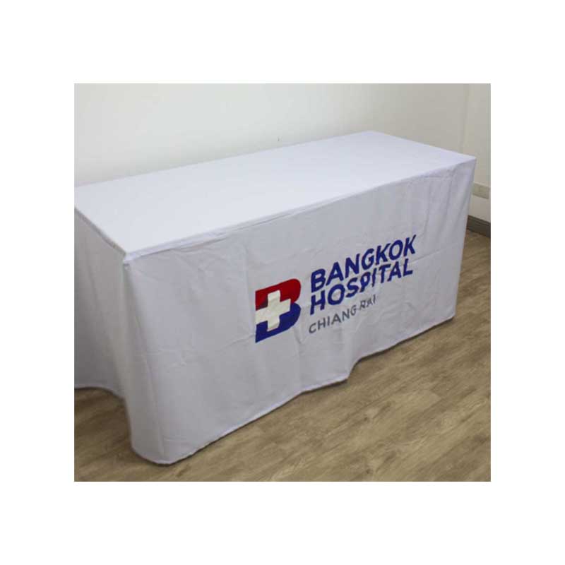 ผ้าคลุมโต๊ะแบบเก็บมุม Size 1.5 เมตร พร้อมสกรีนโลโก้