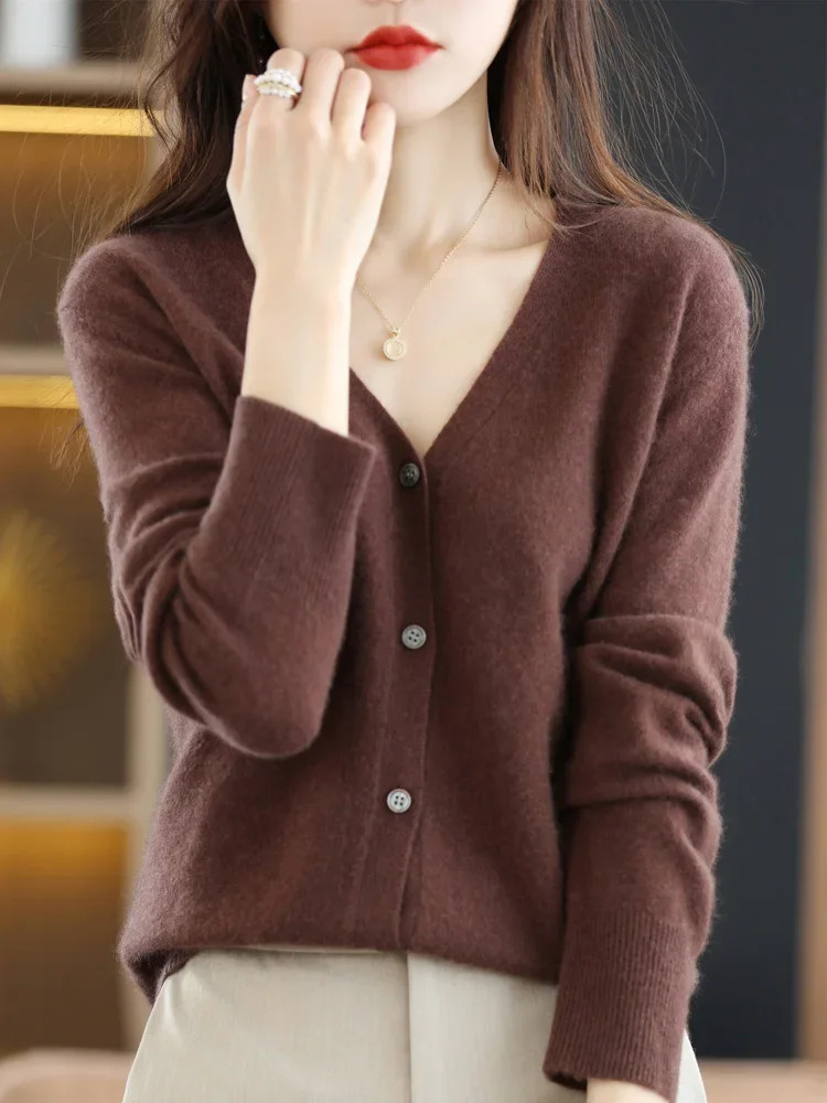 Women Cardigans V-neck Long Sleeve Knitted Outerwear Solid Thin Spring Autumn Sweaters Knitwears Korean Fashion Cardigans